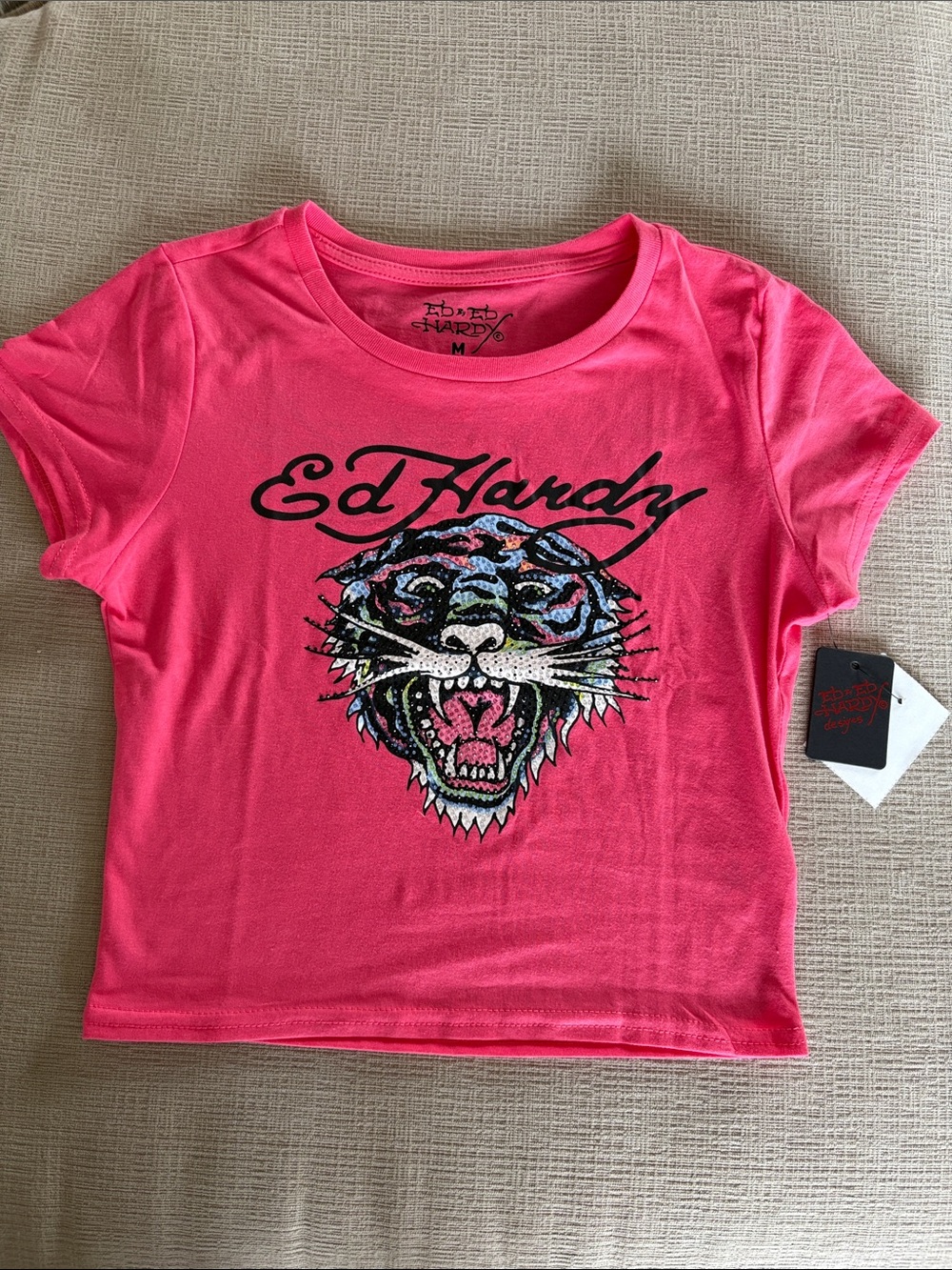 Ed Hardy Bright Pink Short Sleeve Tee with Tiger Graphic